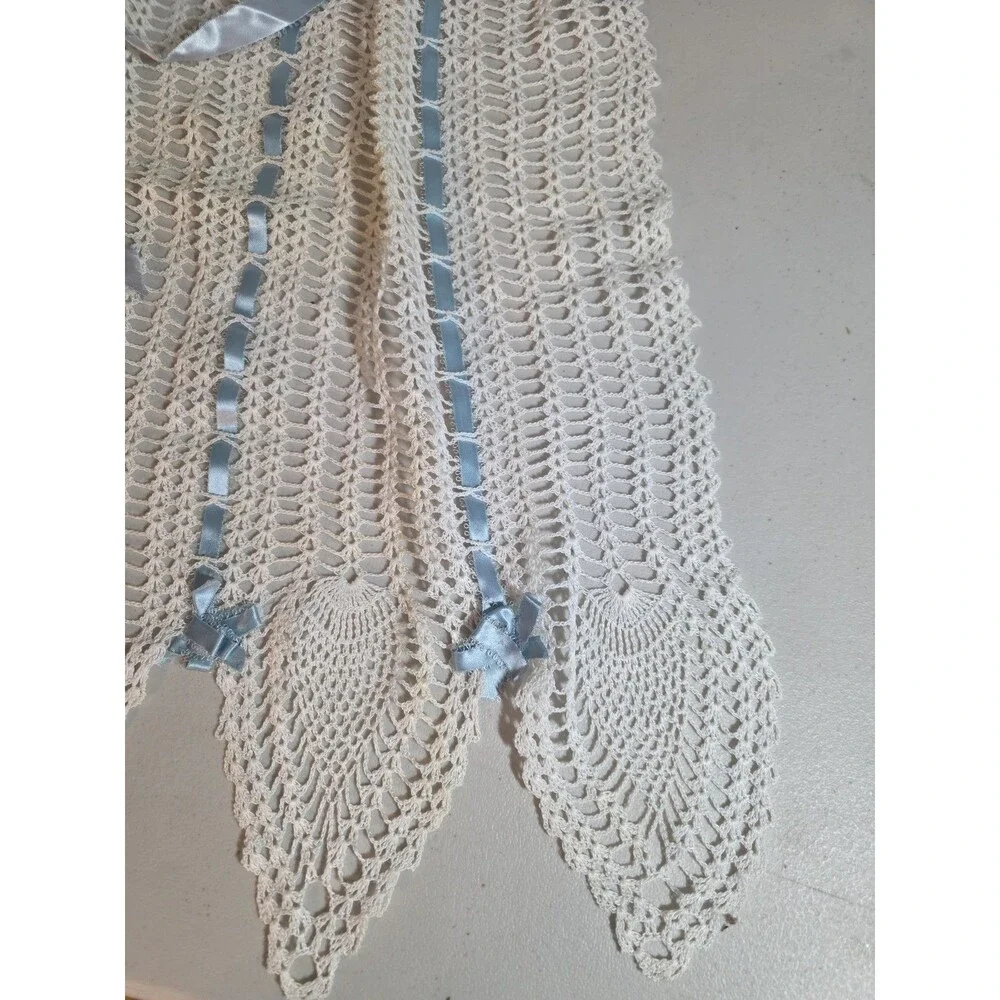 Vintage Handmade White Crochet Lace Apron with Blue Ribbon Ties